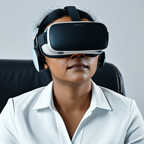 Home 4 **
"A therapist guiding a patient through a virtual reality simulation for social anxiety in a modern office setting. The patient is fully clothed and wearing a VR headset. The therapist is in professional attire, offering support. Safe for work, appropriate content, professional guidance, perfect anatomy, natural proportions, well-lit, family-friendly."
**